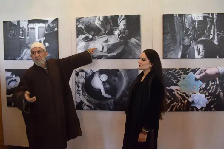 Ghulam Mohammad Kumhar with Zoya Khan at the exhibition The Lone Craftsman (Pictures by Basit Zargar)