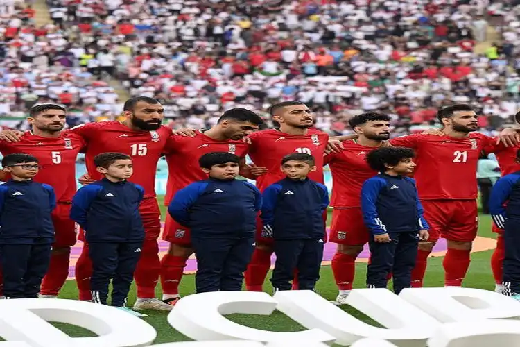 Members of Iranian team while their national anthem was being played at FIFA world cup in Doha