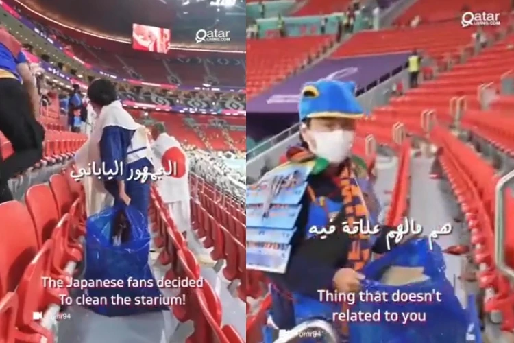 Screengrab of Japanese fans cleaning the stadium 