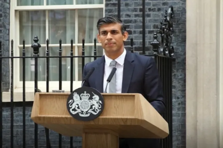 British PM Rishi Sunak delivering a speech at 10, Downing Street