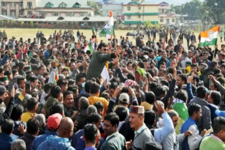 Congress workers celebrating the victory of R.S. Bali in Nagrota Bagwan in Kangra district