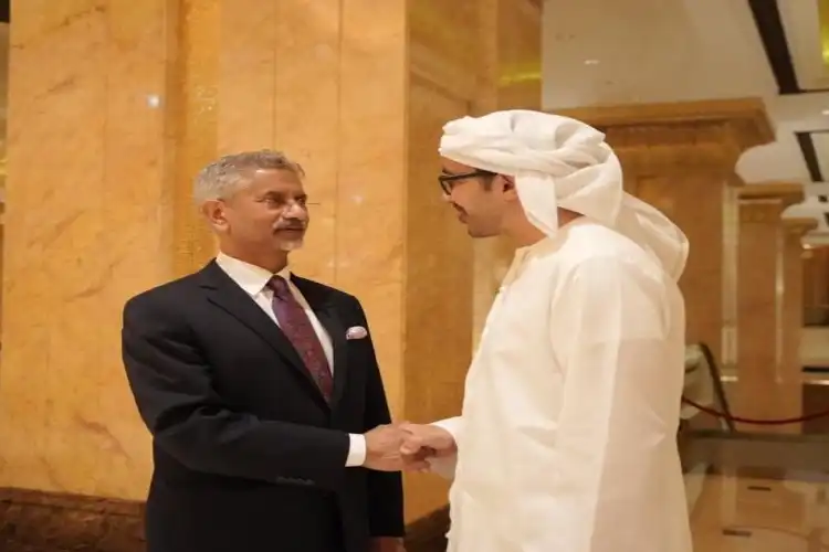 Warm handshake: Minister for External Affairs Dr S Jaishankar with his UAE counterpart Sheikh A B Zayed  in Abu Dhabi (Twitter Indian embassy in Abu Dhabi) 