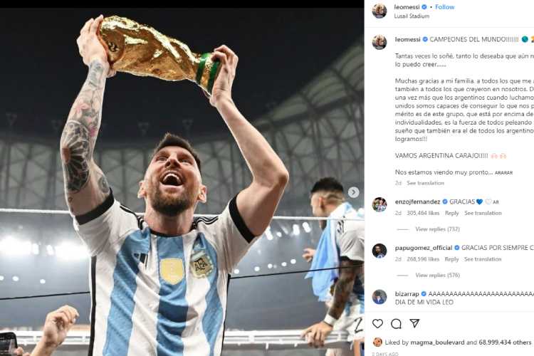 Lionel Messi's instagram  post with the FIFA world cup has broken all records