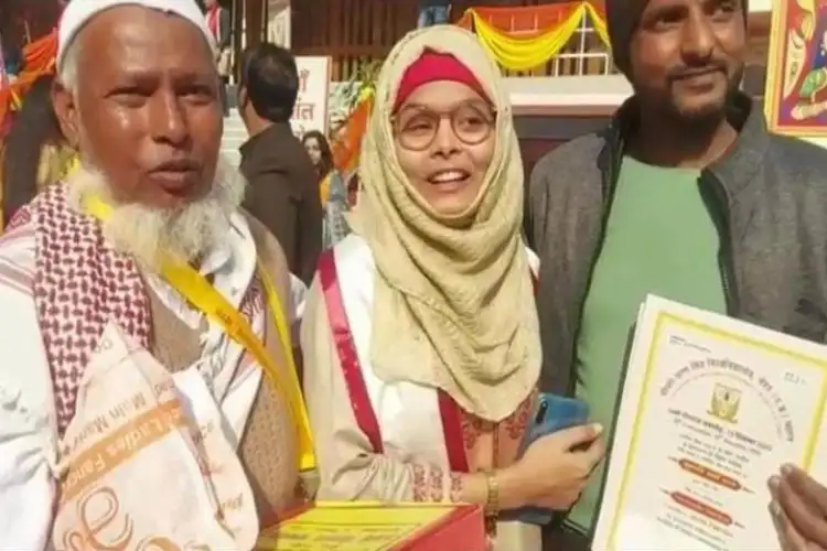 Shama Parveen with her father Yanoon Khan and a relative after she received a gold medalfor topping Mathematics in B.Sc course