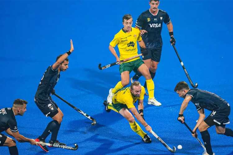 Action from the Australia-Argentina match at the FIH Hockey World Cup 