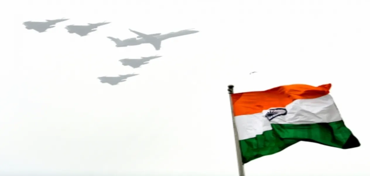 An Indian Air Force AEW&C aircraft and four Rafale aircrafts fly past during the 74th R Day parade in New Delhi