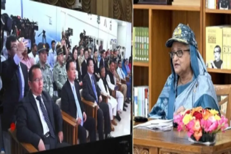  Bangladesh PM Sheikh Hasina addressing a gathering while commissioning Bangladesh's first naval submarine base