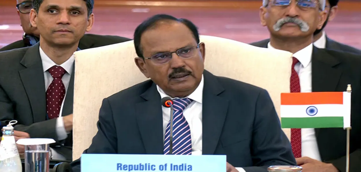 National Security advisor Ajit Doval addressing his peers at the SCO meeting in New Delhi