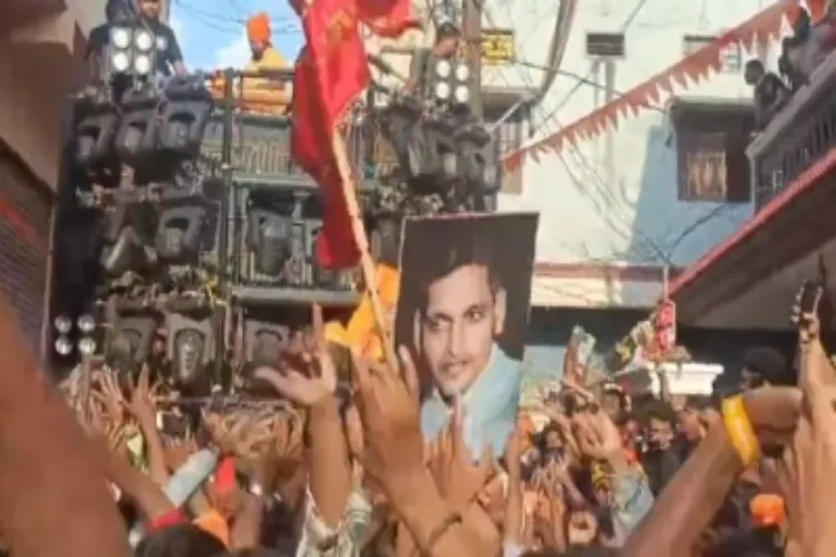 A portrait of Mahatma Gandhi's assassin Nathuram Godse displayed at a Ram Navami procession in Hyderabad