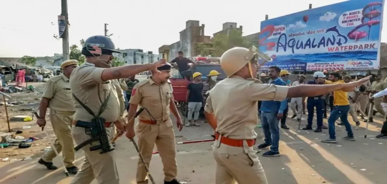 Police at the site of a clash during a recent event in Maharashtra