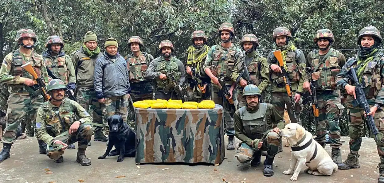 Indian Army after recovery of a huge cache of drugs on the Line of control in Kashmir