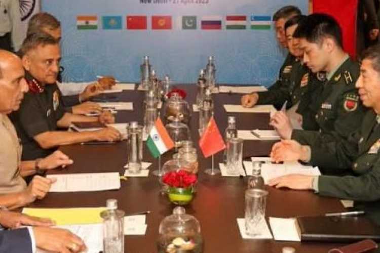 Rajnath Singh and Li Shangfu during their bilateral meeting in New Delhi