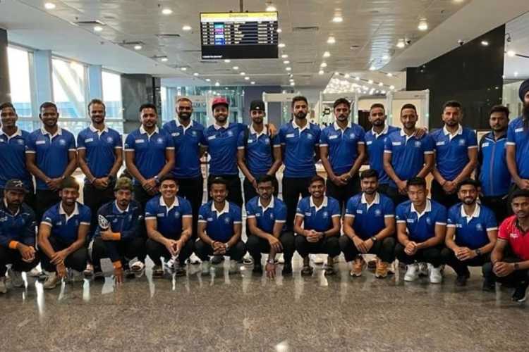 The Indian Men's Hockey team before their departure for the FIH Pro League matches in Europe