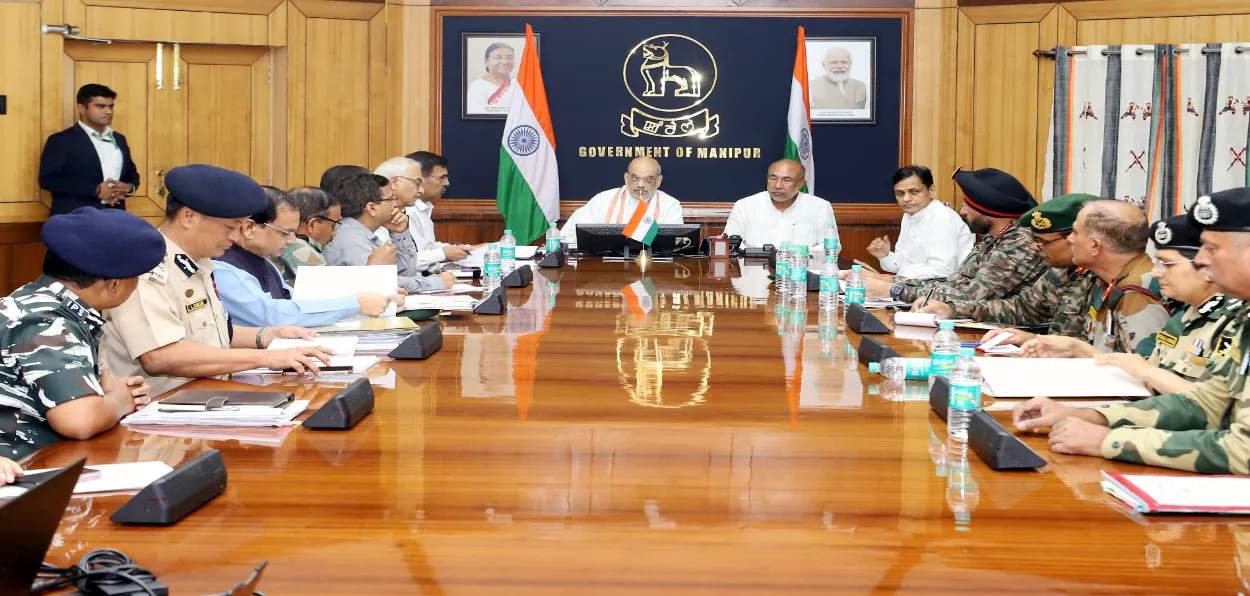 Union Home Minister Amit Shah and Manipur Chief Minister N Biren Sing preside a meeting at Imphal