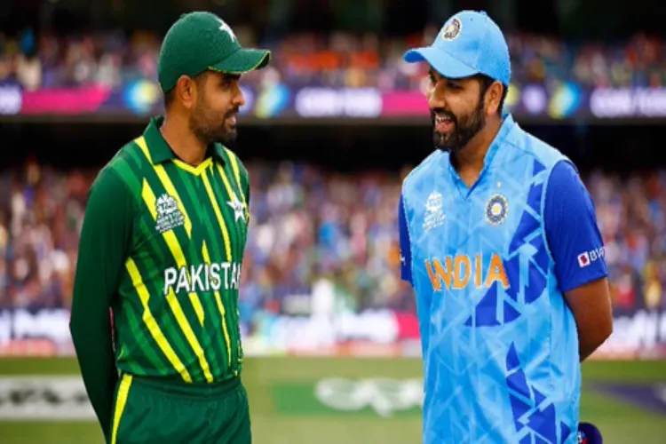 A file picture of Babar Azam, Captain of the Pakistan cricket team with the Captain of the Indian cricket team, Rohit Sharma