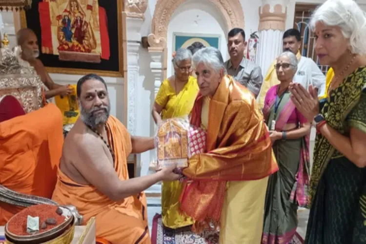 British Prime Minister Rishi Sunak's parents with Sudha Murthy at a temple in Andhra Pradesh