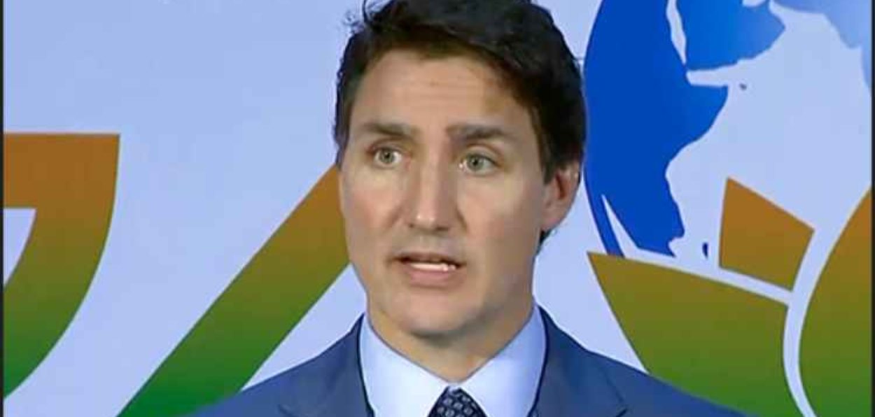 Canadian  Prime Minister Justin Trudeau addressing the media in new Delhi during the G-20 Summit