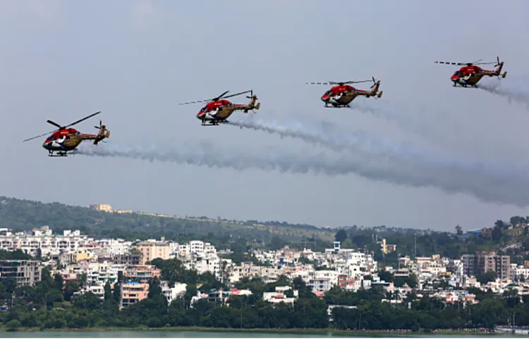  Indian Air Force (IAF) choppers during the final rehearsal over the Upper Lake as part of preparations for an air show to celebrate the 91st anniversary of the Indian Air Force, in Bhopal on Thursday.