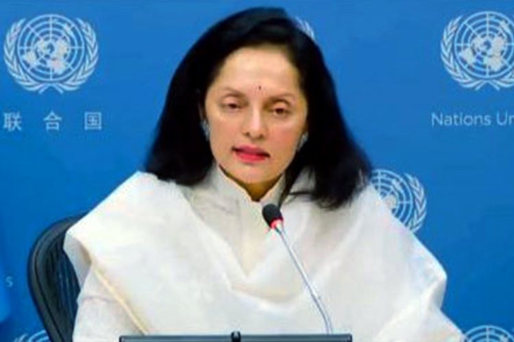 India's Ambassador at the Un Ruchira Kamboj speaking in the Security Council