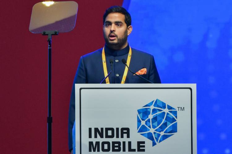 Reliance Jio Infocomm Ltd. Chairman Akash Ambani addresses at the inauguration of the 7th edition of the India Mobile Congress, at Bharat Mandapam, Pragati Maidan, in New Delhi on Friday. 