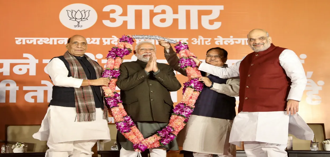 Prime Minister Narendra Modi at the BJP headquarters after his party won in three states