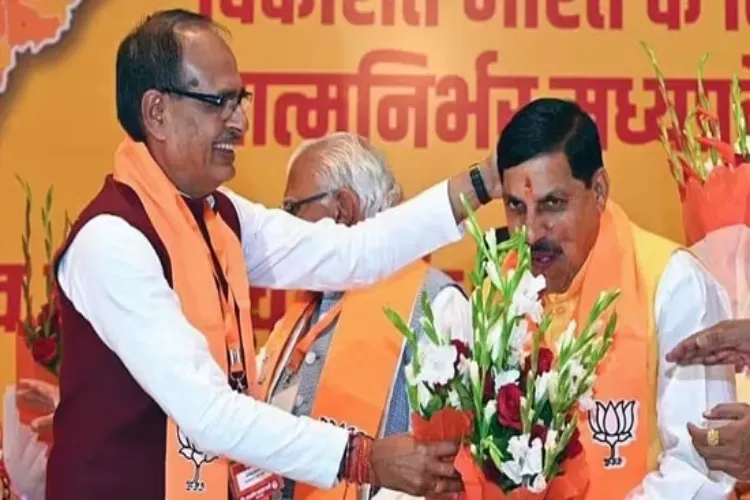 Madhya Pradesh’s new CM Mohan Yadav with outgoing CM Shivraj Singh Chouhan 