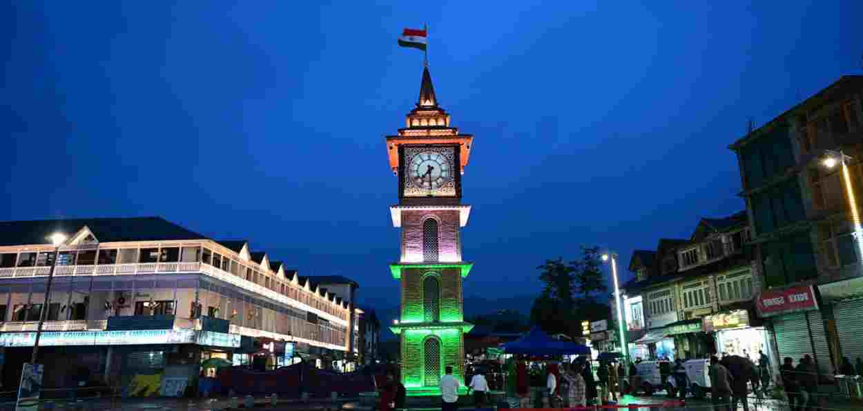 Trocolour flying on the cock tower at Lal Chowk, Srinagar