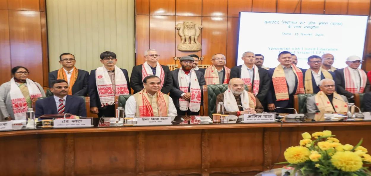 Senior ULFA leaders with Home Minister Amit Shah and Assam chief minister Himanta Biswa Sarma