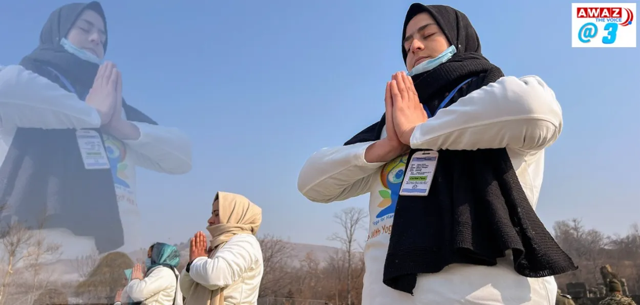 A Kashmiri Muslim woman doing Yoga at Martand monument