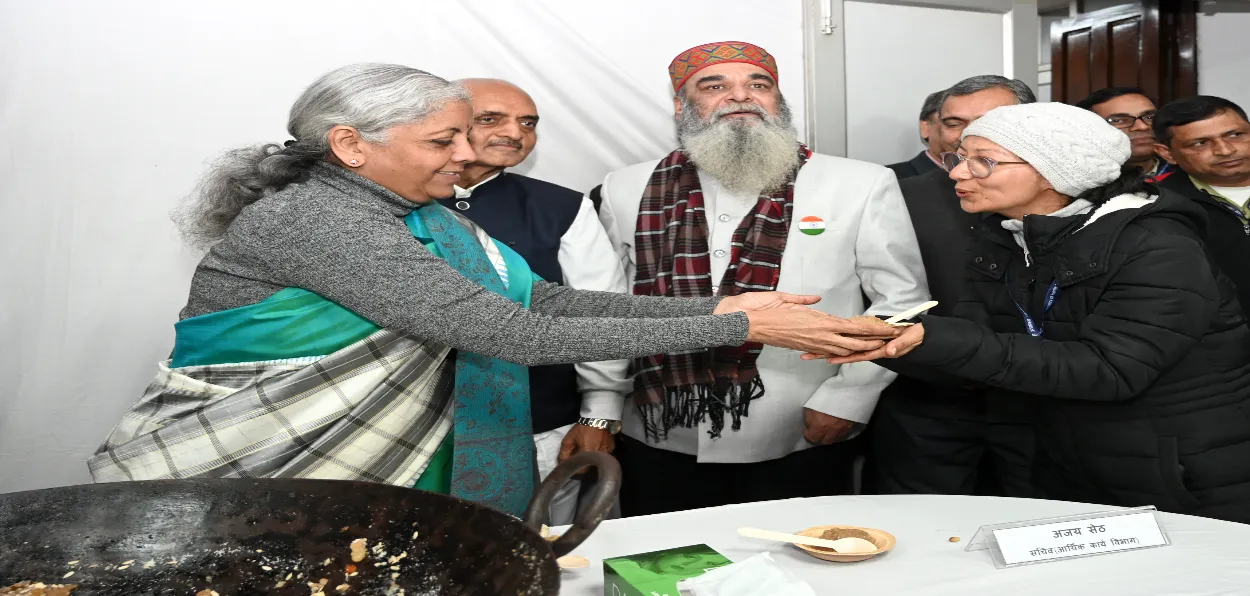 Finance Minister Nirmala Sithraman distributing halwa on eve of the presentation of the interim budget