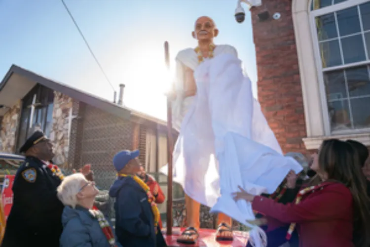 NY City Mayor Eric Adams and State Assembly Member Jenifer Rajkumar unveileda Mahatma Gandhi statue