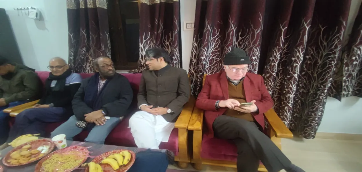 (L-R) Ramjit Yadav, Farhat Irfani, Saquib Salim (author) L. D. Sharma at the poets' meet in Ayodhya (Photos Saquib Salim)