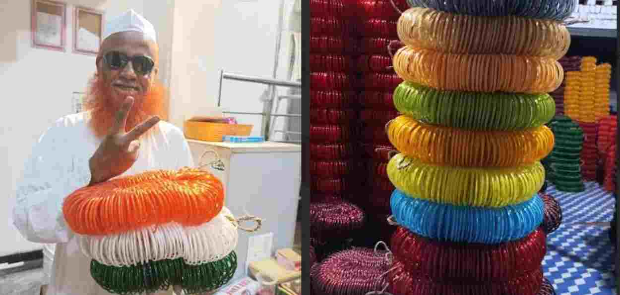 Manushiji flaunting glass Bangles at his shop in Firozabad