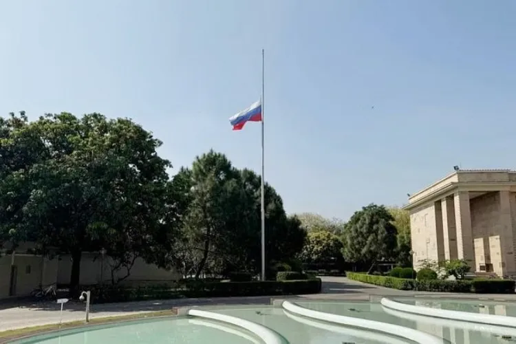 Russian flag flying half mast at the Embassy of Russia at New Delhis sign of mourning