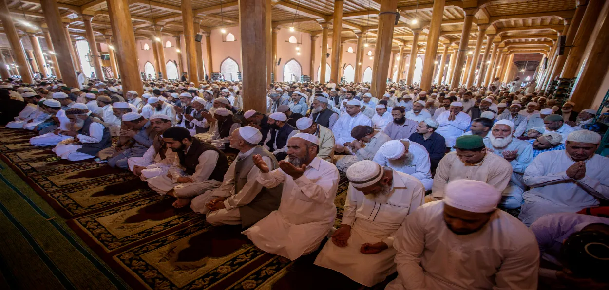Muslims praying inside a mosque in Srinagar Downtown
