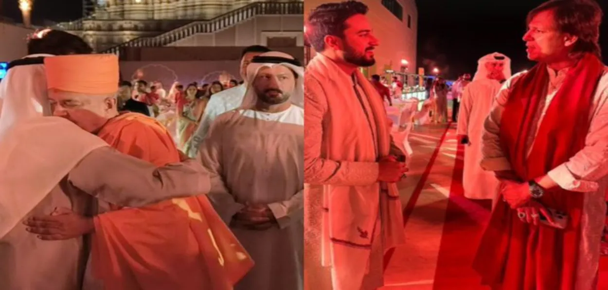 Swami Brahmaviharidas welcoming a UAE minister (Left) and actor Vivek Oberoi (Right) chatting with a guest at the Ramadan event hosted at BAPS temple Abu Dhabi (Courtesy: The Middleeast Mashable)