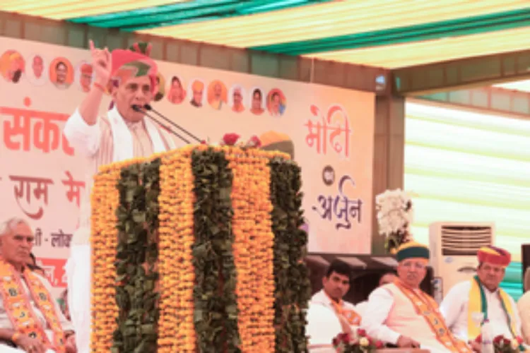 Defence Minister Rajnath Singh addressing an election rally in Jhunjhunu
