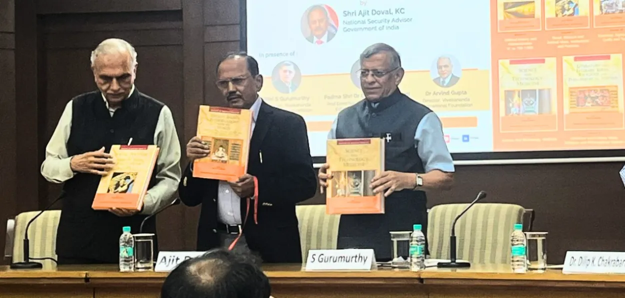 National Security advisor Ajit Doval releasing History of Ancient India. Gurumurthy  (Right) and Dr Arvind Gupta (left) are also with him