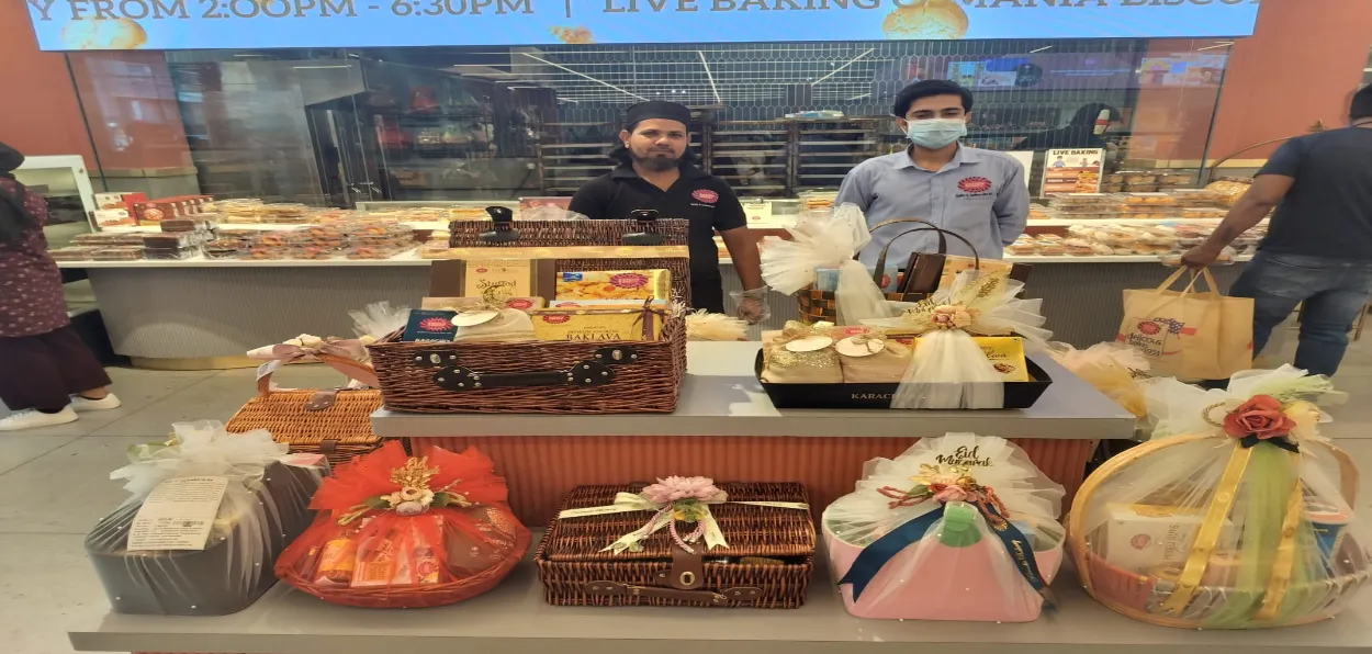 Gift hampers displayed at one of the outlets of Karachi Bakery in Hyderabad