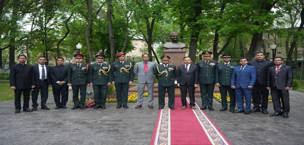 Indian Army Chief General Manoj Pande with Indian embassy officials paying tribute to Lal Bahadur Shastri at his memorial in Tashkent