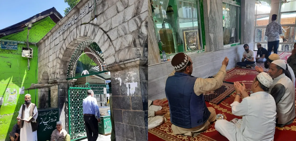 The entrance to the shrine of Reshi Moul in Anantnag and devotee in prayers inside (Pics : Ehsan Fazili)
