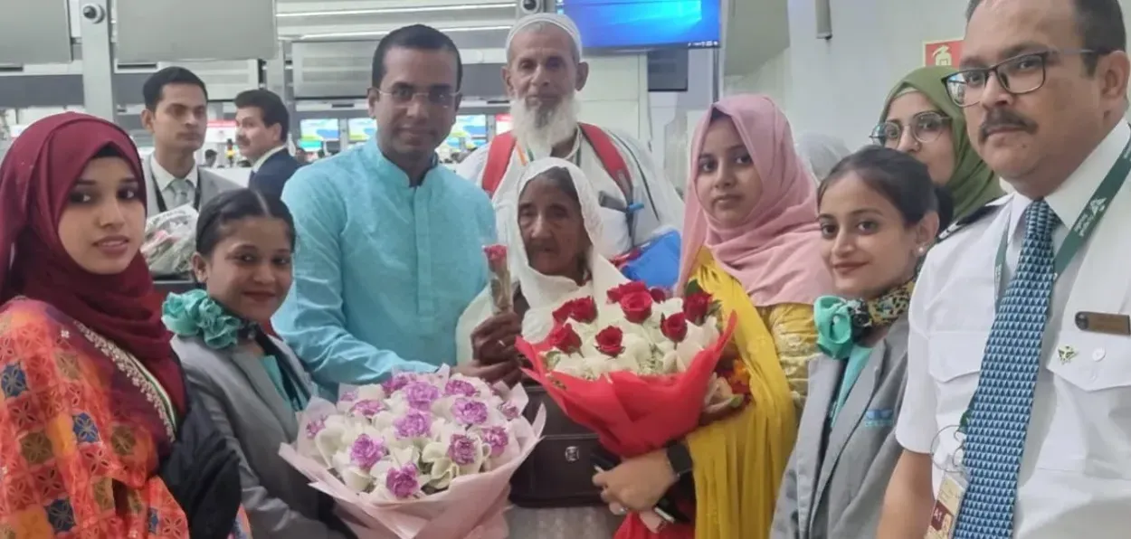 Dr. Liaqat Ali Afaqi seeing off a 99-year old women for Hajj at IGIA Delhi