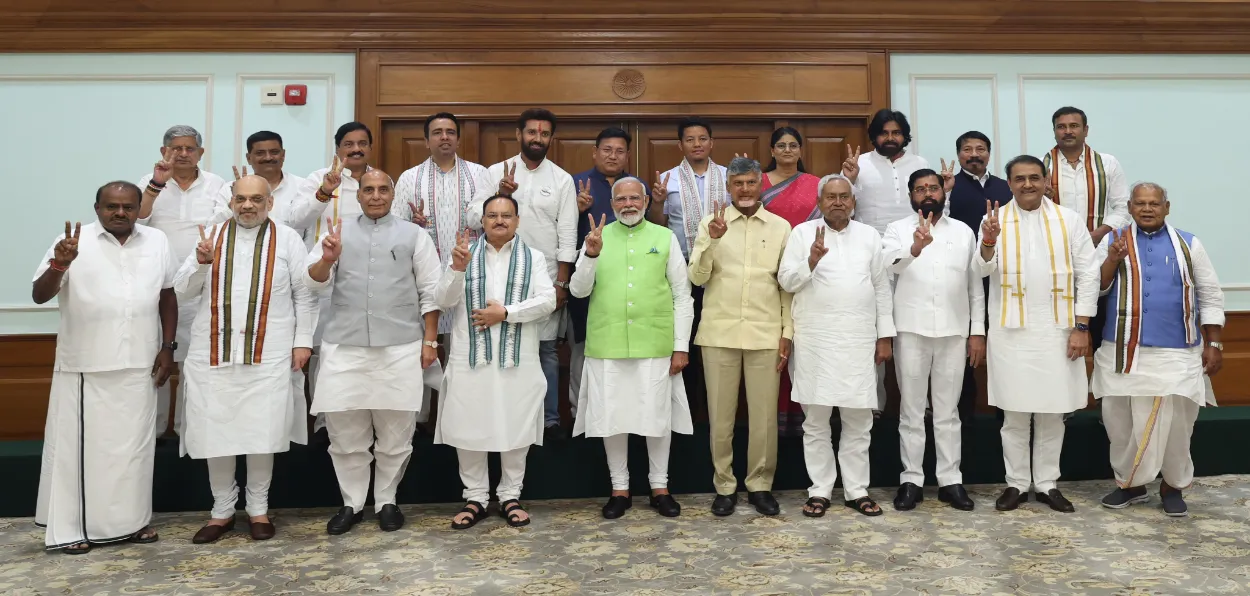 Prime Minister Narendra Modi with Chandrababu Naidu, Nitish Kumar and other members of the NDA coalition