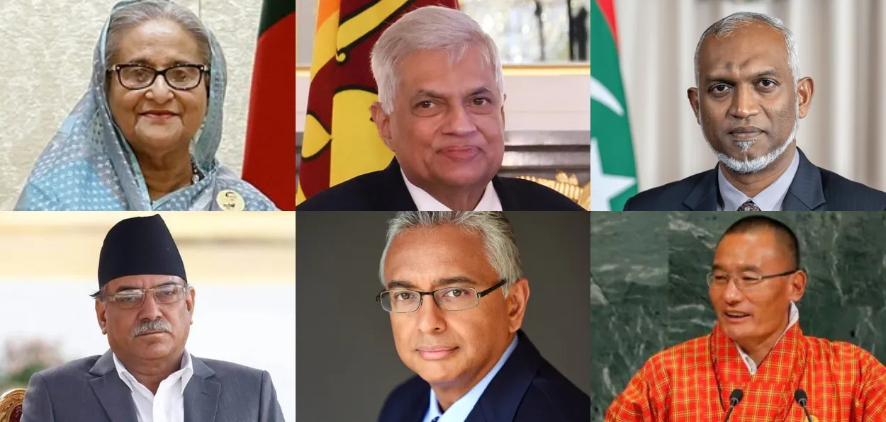 Sheikh Hasina, Ranil Wickremesinghe, Mohd Muizzu ( top row), Pushpa Kamal Dahal, Pravind Kumar Jugnauth, and Tshering Tobgay (lower row)