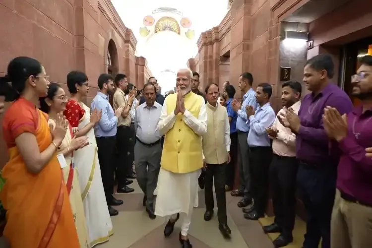 Prime Minister Modi being greeted by staff in the PMO as he takes charge for the third term