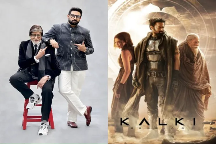 Actors Amitabh Bachchan and Abhishek Bachchan (Left), Poster of Kalki 2898 AD (Right)