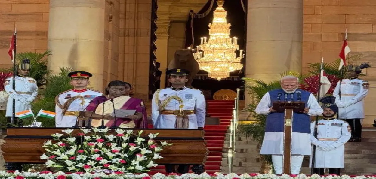 Taking charge of the nation: Prime Minister Narendra Modi taking oath of office for the third time in a row