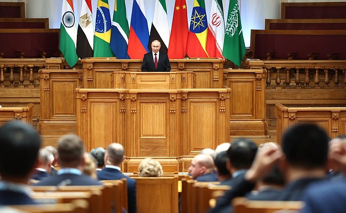 President of Russia Vladimir Putin addressing the BRICS Parliamentary Forum