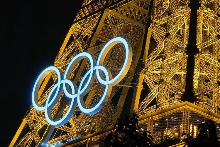 The Eiffel Tower adorned with the Olympic rings ahead of the 2024 Paris Olympics.