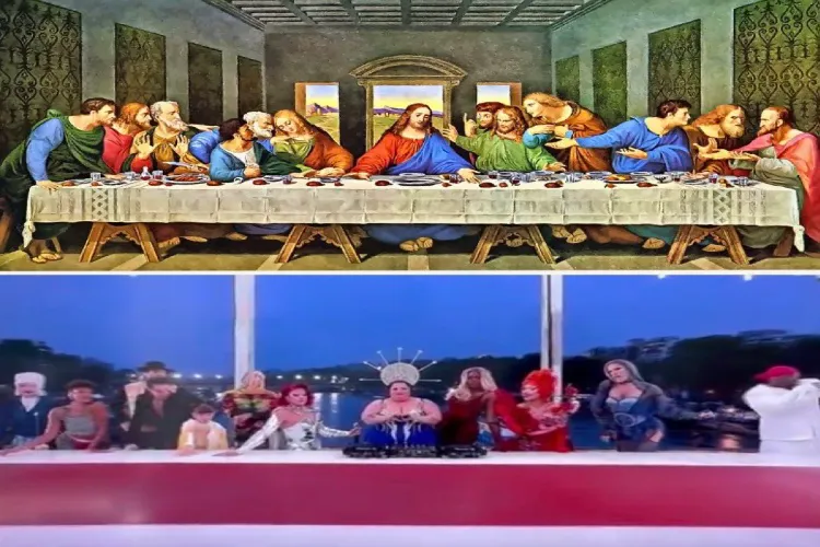 The Last Supper scene (Above and the parody \of it presented at the Olympics opening ceremony in Paris